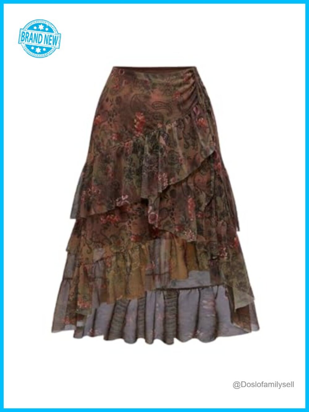 Plus Size Boho Paisley Floral Tiered Asymmetrical Ruffle Hem Skirt